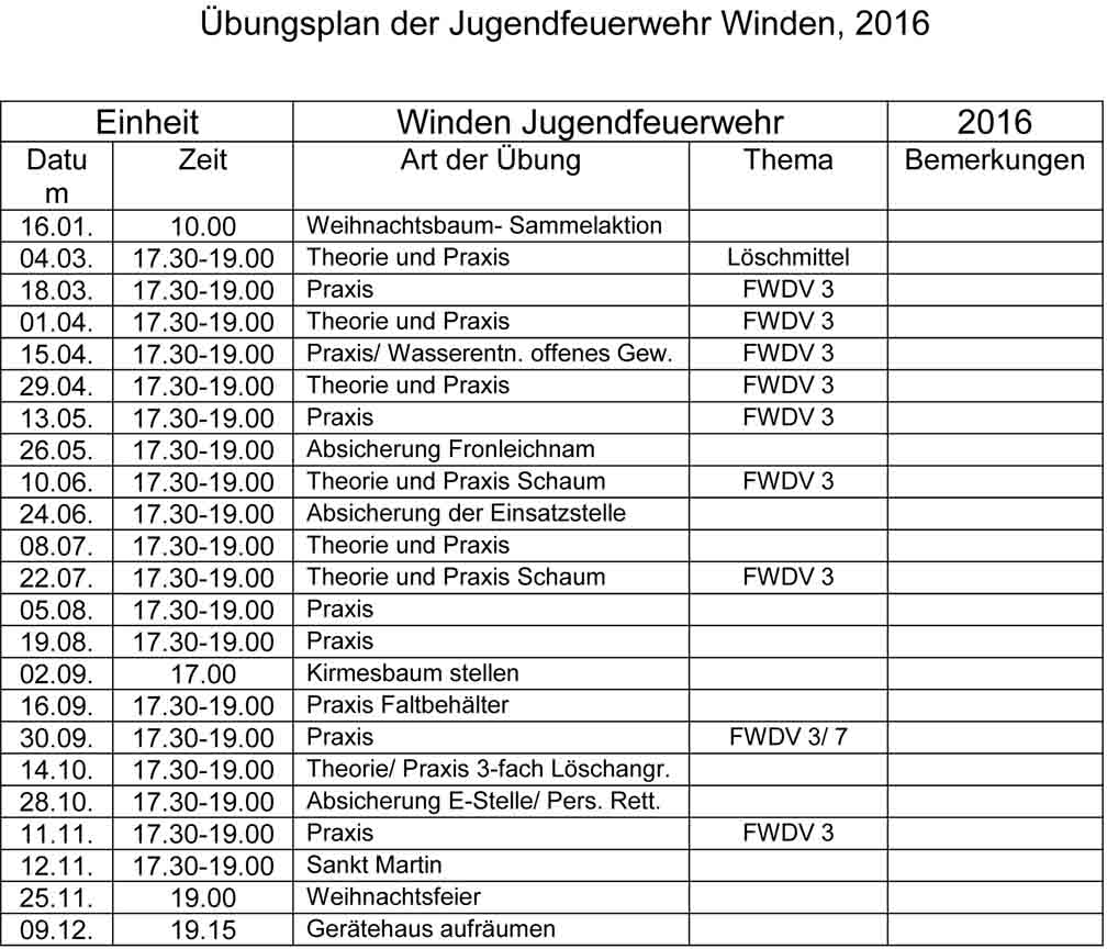 Übungsplan 2016 JFW Winden